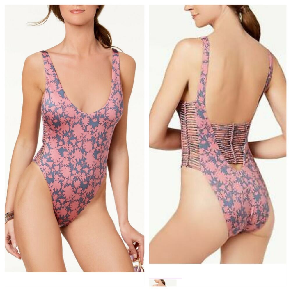 Dolce Fita Macrame One Piece Floral Swimsuit Cheeky High Leg Pink Gray S Small
